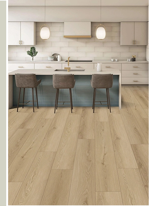 A kitchen with wooden floors and chairs in it