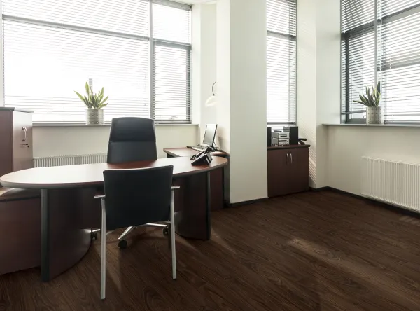 A chair and desk in an office setting.