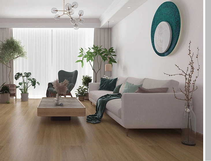 A living room with white furniture and green accents.