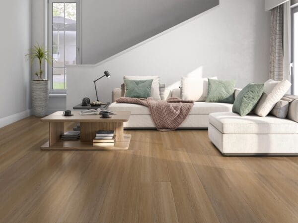 A living room with white furniture and wood floors.