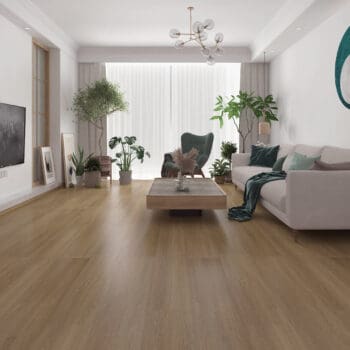 A living room with hardwood floors and white walls.