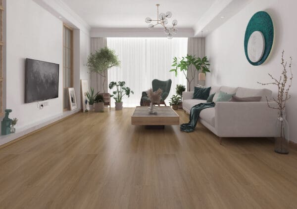 A living room with hardwood floors and white walls.