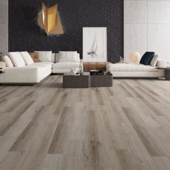 A living room with white couches and a black wall.