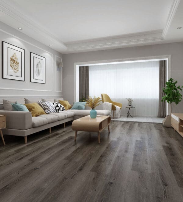 A living room with hardwood floors and white walls.