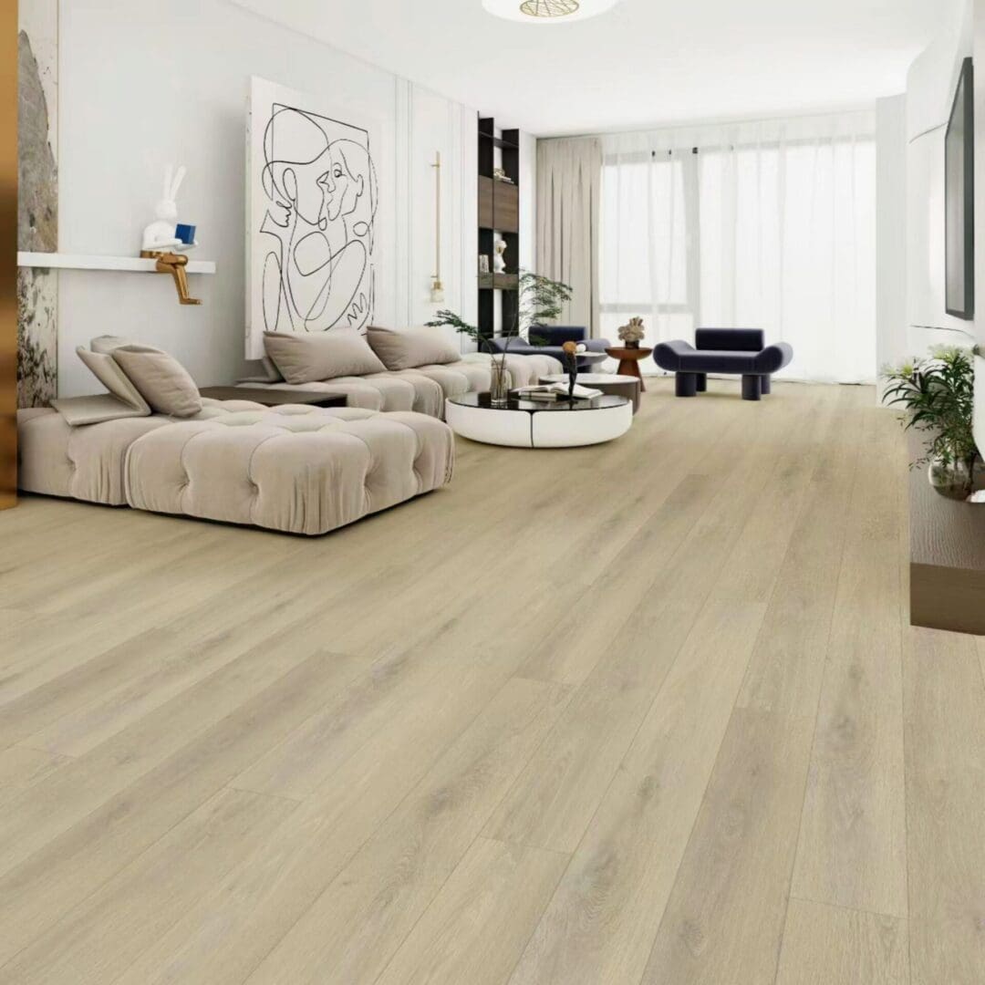 A living room with white walls and beige furniture.