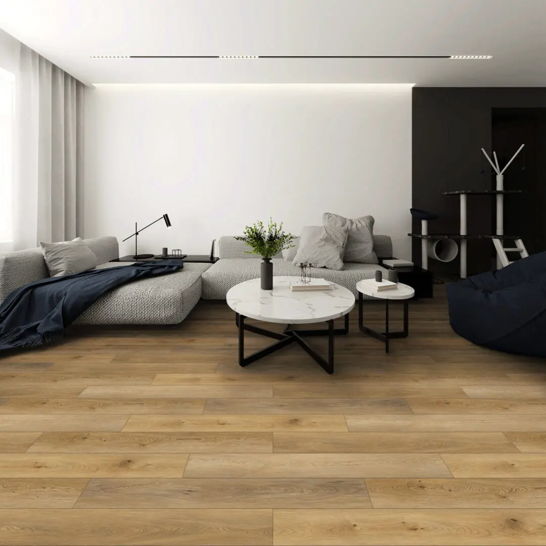 A living room with wooden floors and furniture.